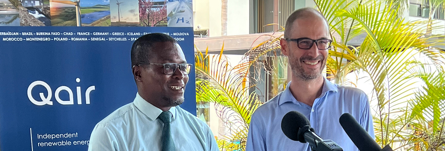 Photo of Flavien P Joubert, Minister for Agriculture, Climate Change and Energy and Olivier Gaering, Qair Indian Ocean regional director at the signature of Seychelle's first floating solar ppa